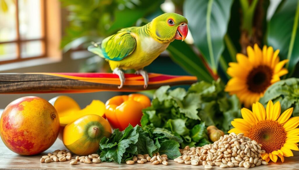 Conure enjoying a balanced diet