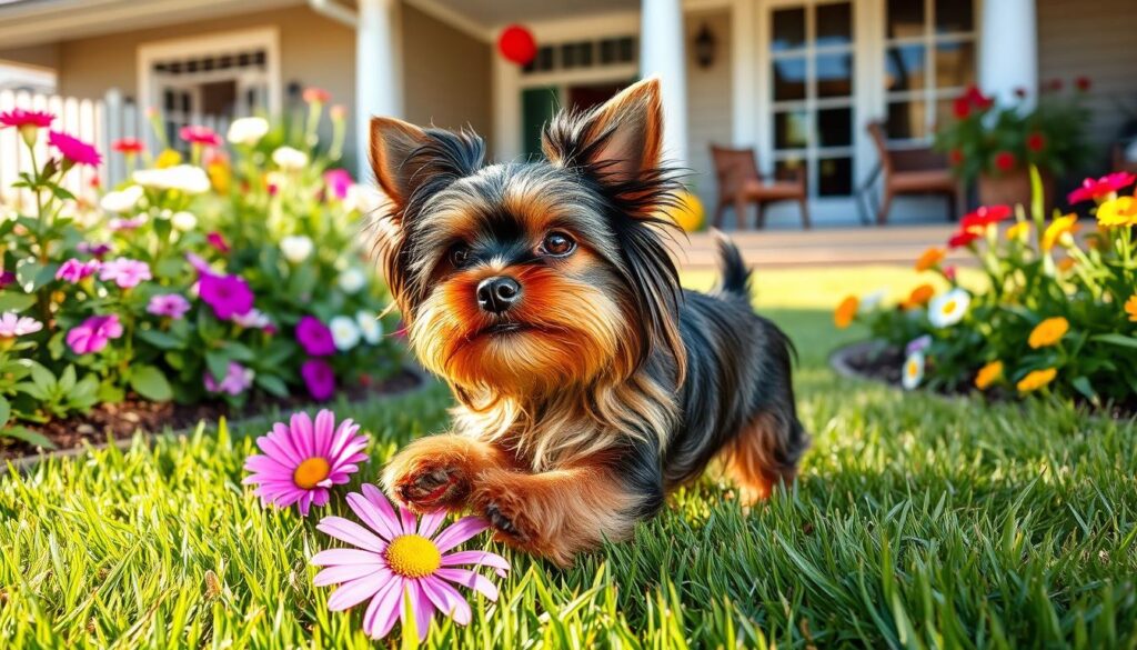 Chocolate Parti Yorkie as family pets