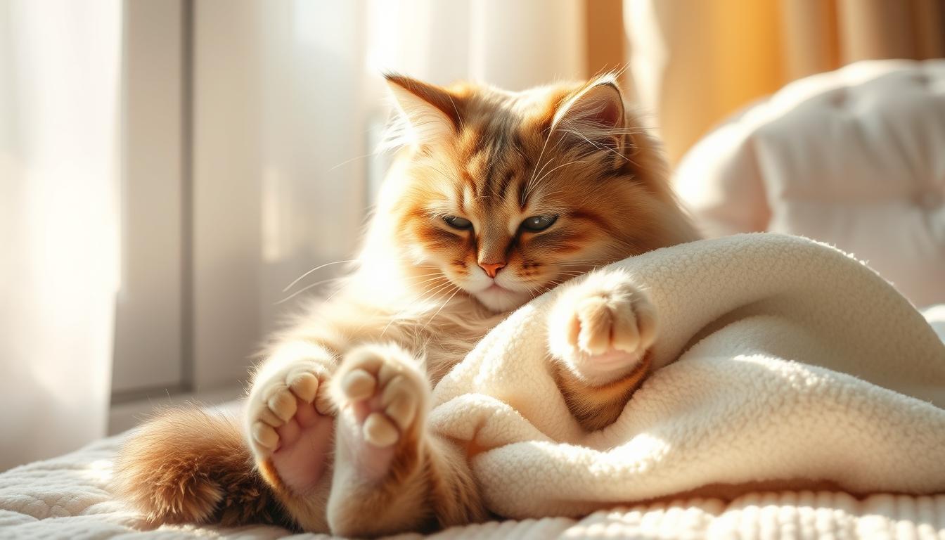 cat kneading and holding blanket in mouth