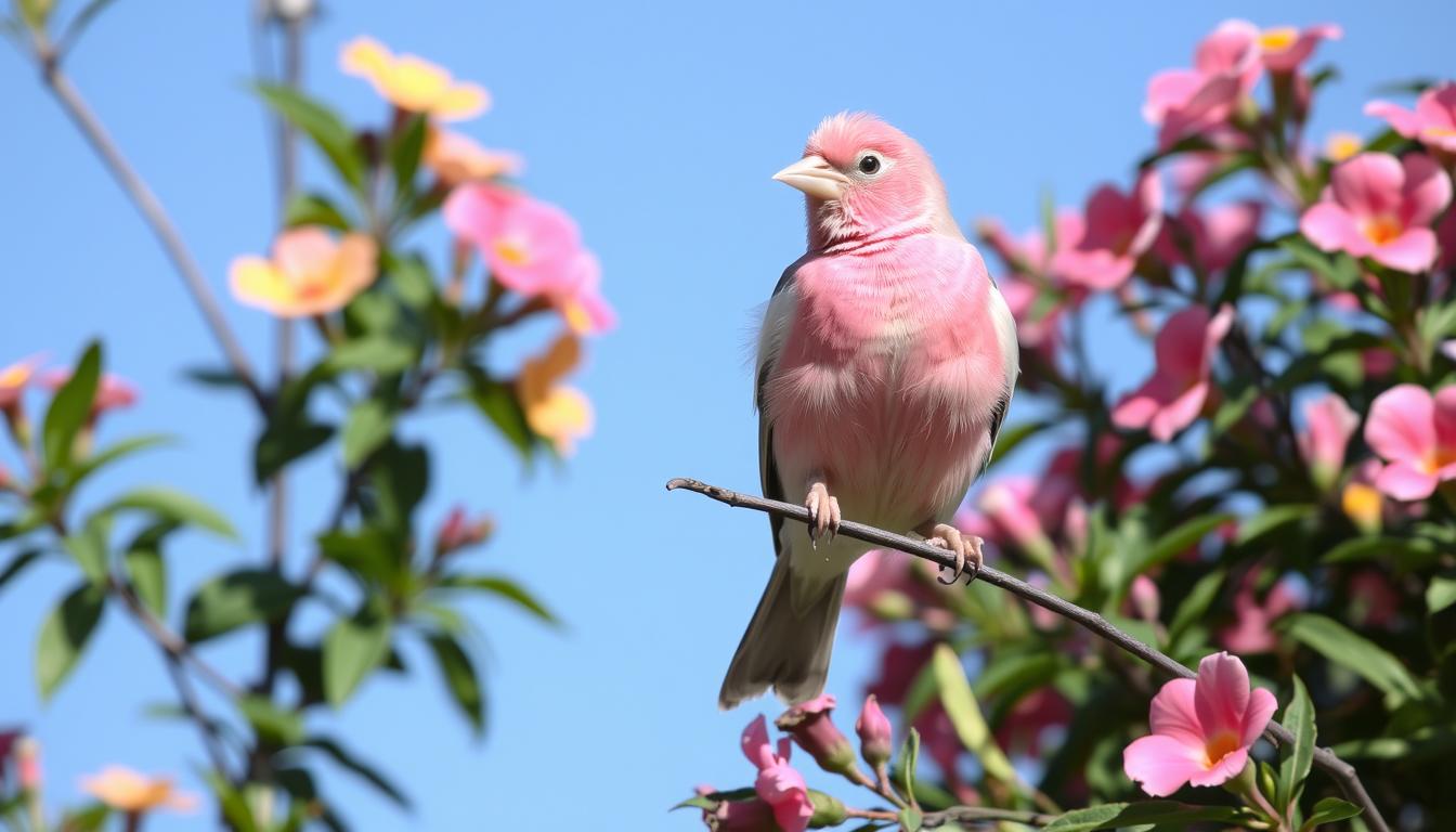 a pink canary with orange legs and a yellow beak