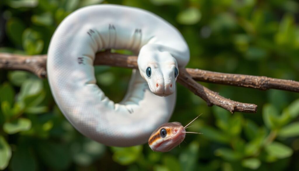 blue eyed leucistic ball python feeding