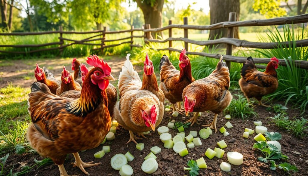 chickens eating celery