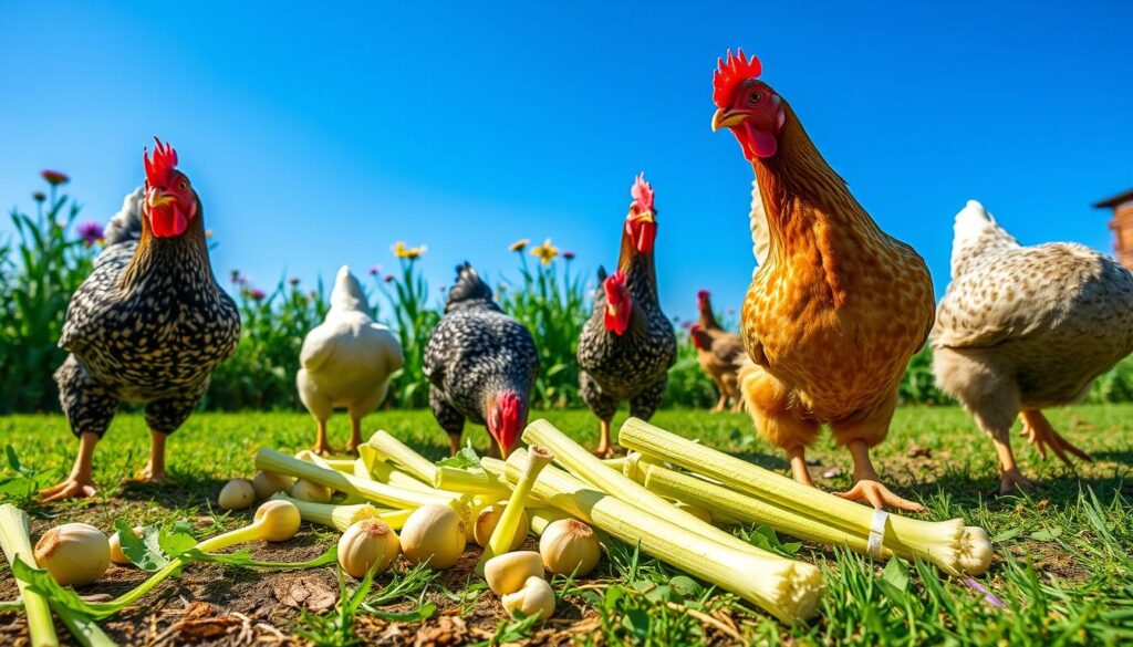 chickens eating celery