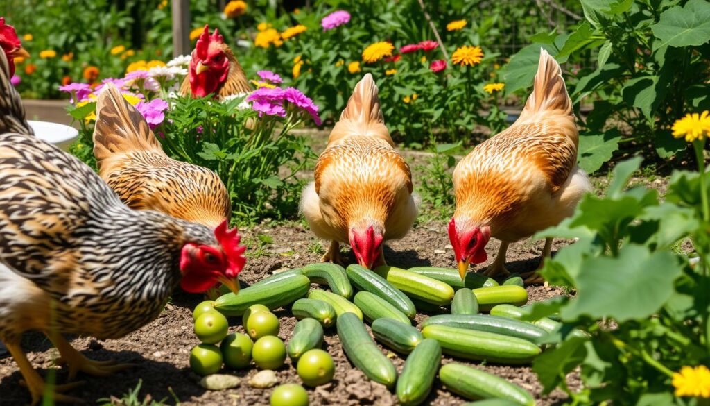 chickens eating cucumbers