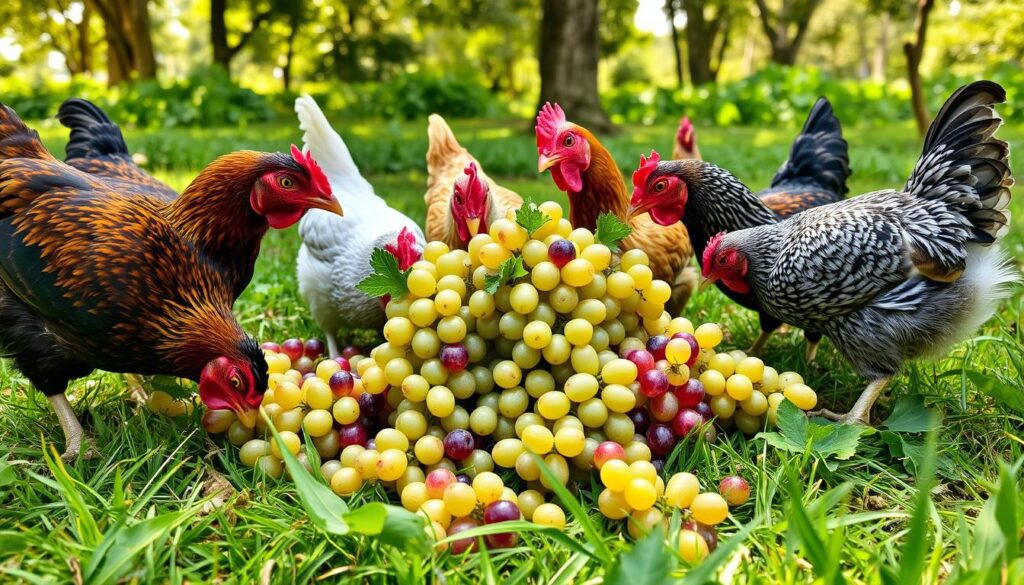 chickens eating grapes