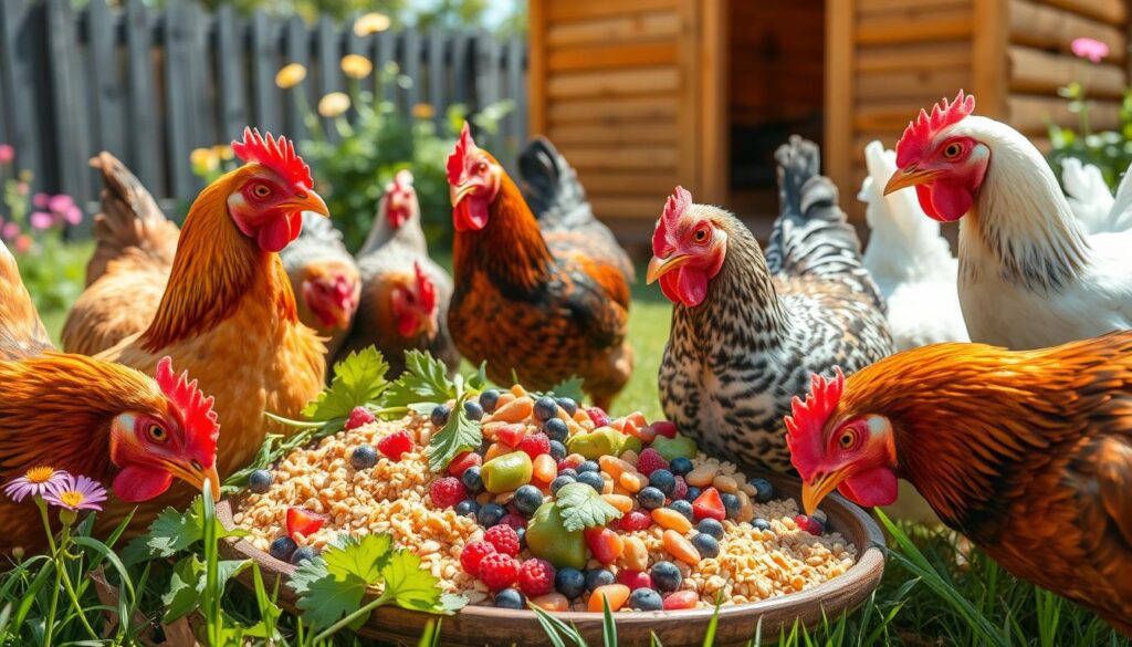 chickens eating healthy treats