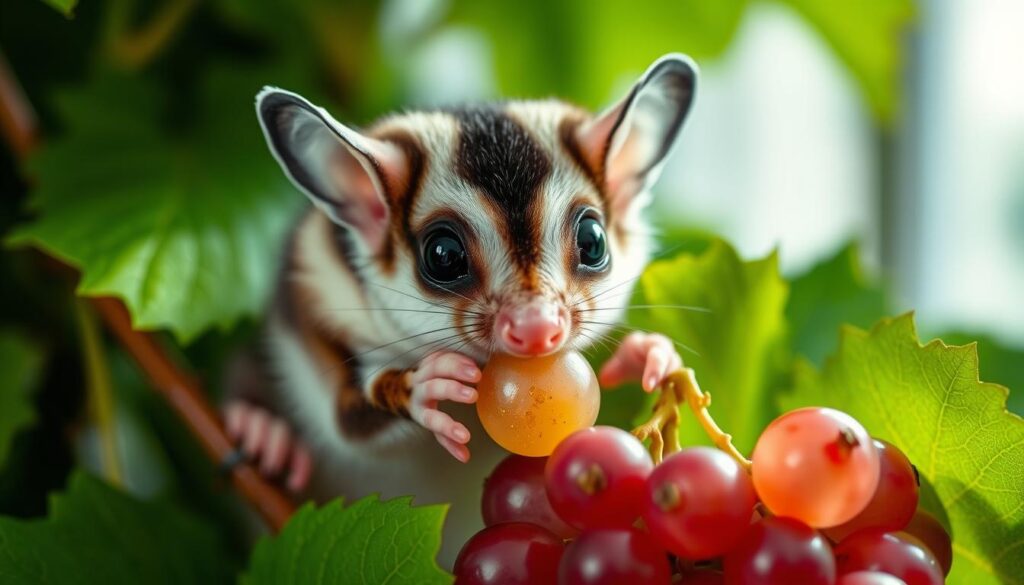 sugar glider eating grapes