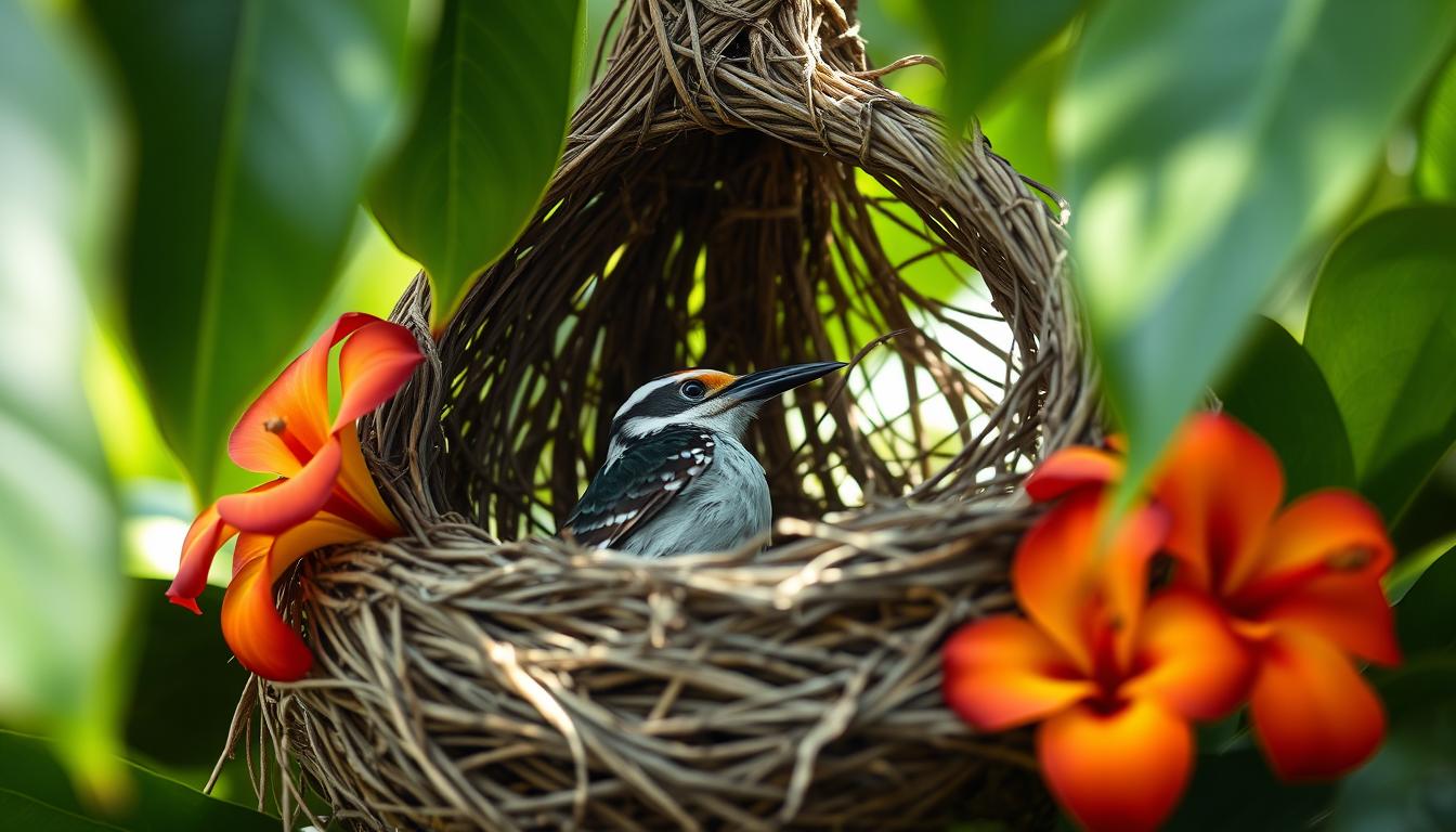 woodpecker finch in nest